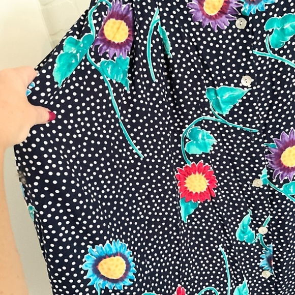 Vintage Maxi skirt Button down Navy Polka dot Dark Floral print Coquette 20W - Picture 4 of 8